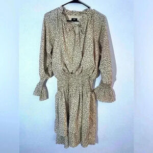 LUCCA Women’s Small Leopard Print Smocked Waist Long Sleeve Dress